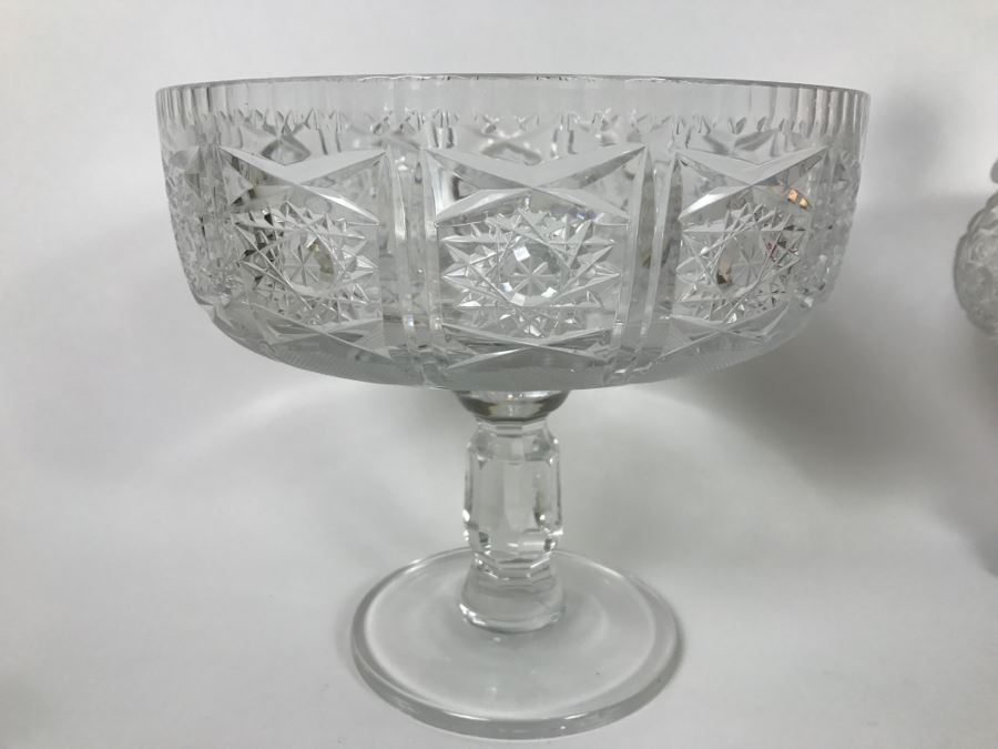 Cut Crystal Decanter With Crystal Stemware Glasses On Silverplate Tray, Footed Crystal Dish And Footed Crystal Dish With Lid (Has Chip On Rim) [Photo 8]