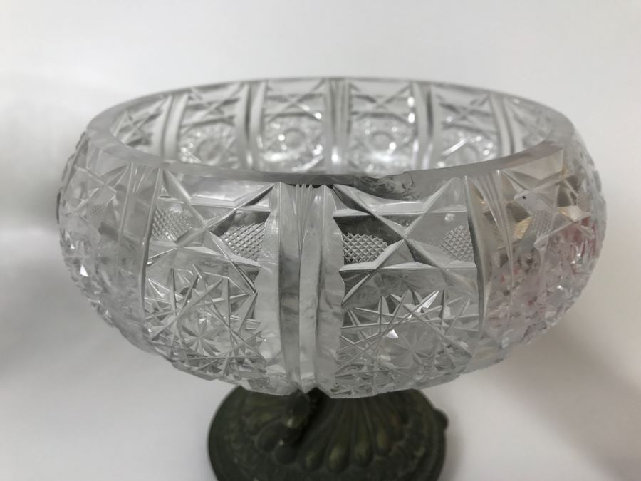 Cut Crystal Decanter With Crystal Stemware Glasses On Silverplate Tray, Footed Crystal Dish And Footed Crystal Dish With Lid (Has Chip On Rim) [Photo 16]