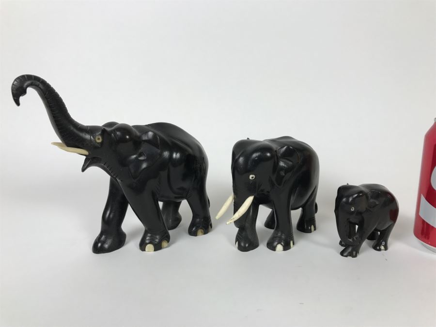 Set Of (3) Carved Ebony Wood Elephants