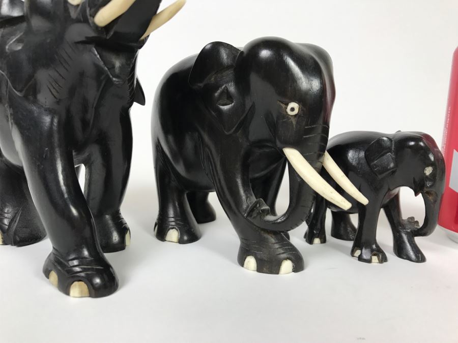 Set Of (3) Carved Ebony Wood Elephants [Photo 7]