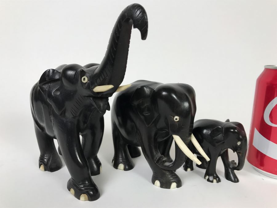 Set Of (3) Carved Ebony Wood Elephants [Photo 6]
