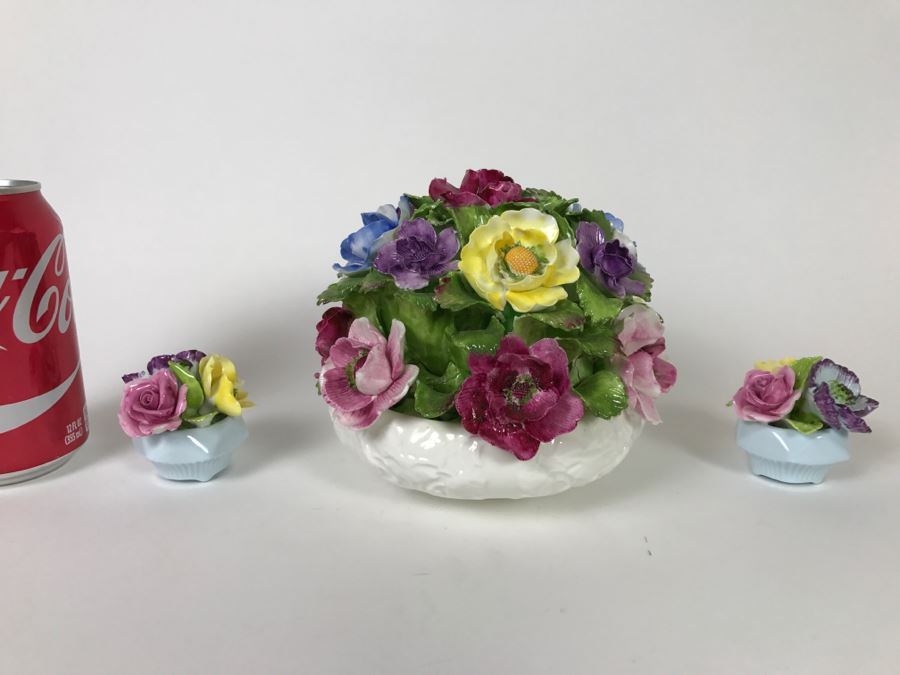 Vintage Aynsley England Hand Painted Fine Bone China Flower Basket Garden Decor And Pair Of English Amanda Florals Bone China Miniature Bowl of Flowers