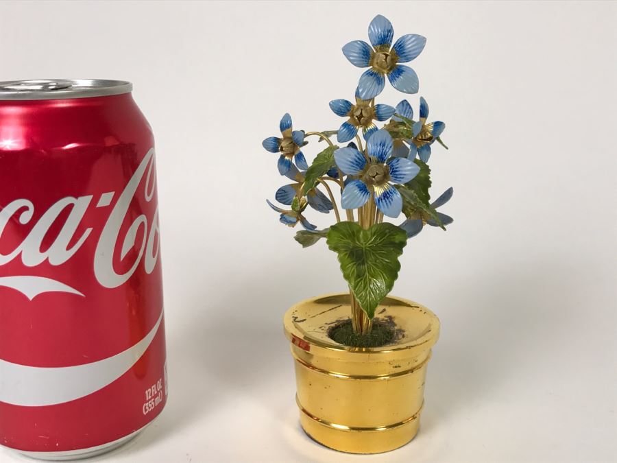 Gorham Sterling Silver Miniature Flower Pot With Artificial Enamel Metal Flowers