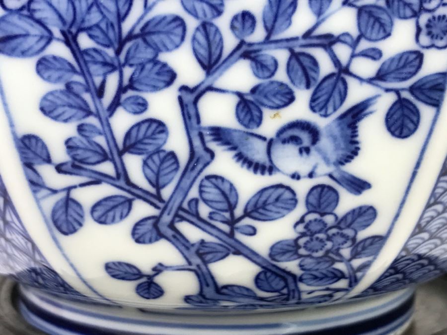 Stunning Blue And White Signed Fluted Asian Bowl With Wooden Stand [Photo 6]