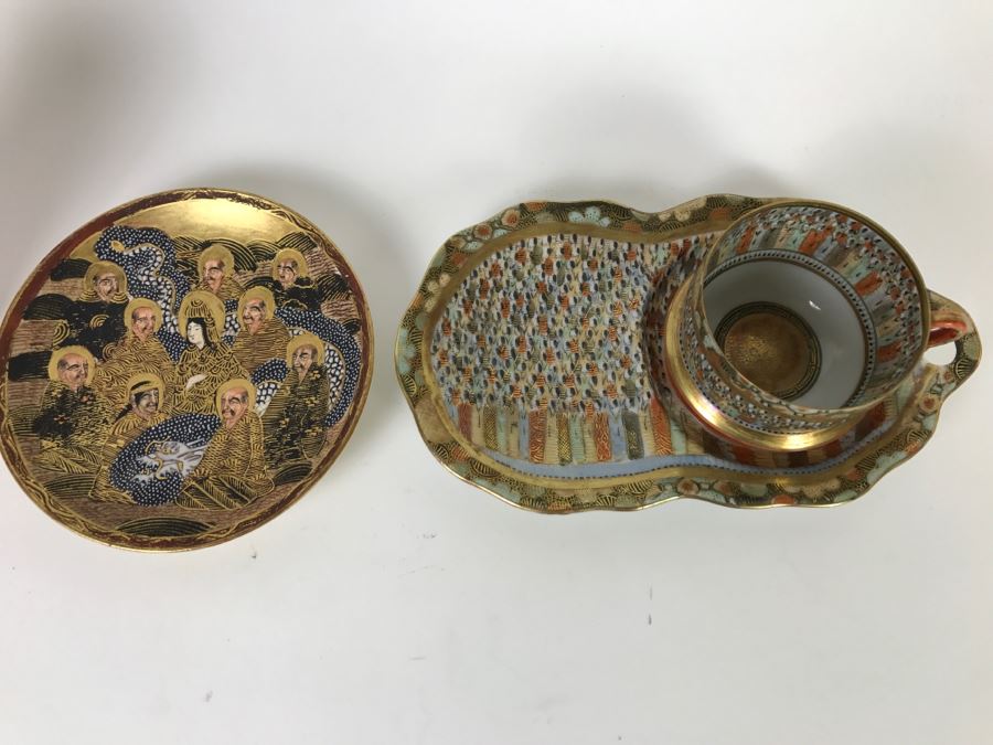 Vintage Japanese Satsuma Gold Dish And Cup And Saucer Dish Japanese Figures