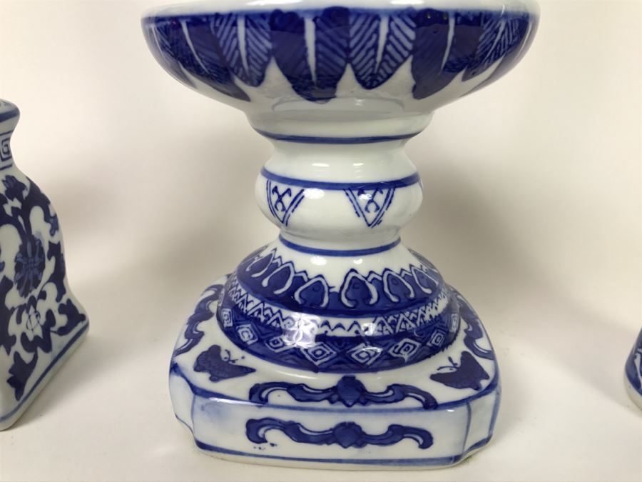 Set Of (3) Blue And White Candlesticks [Photo 4]