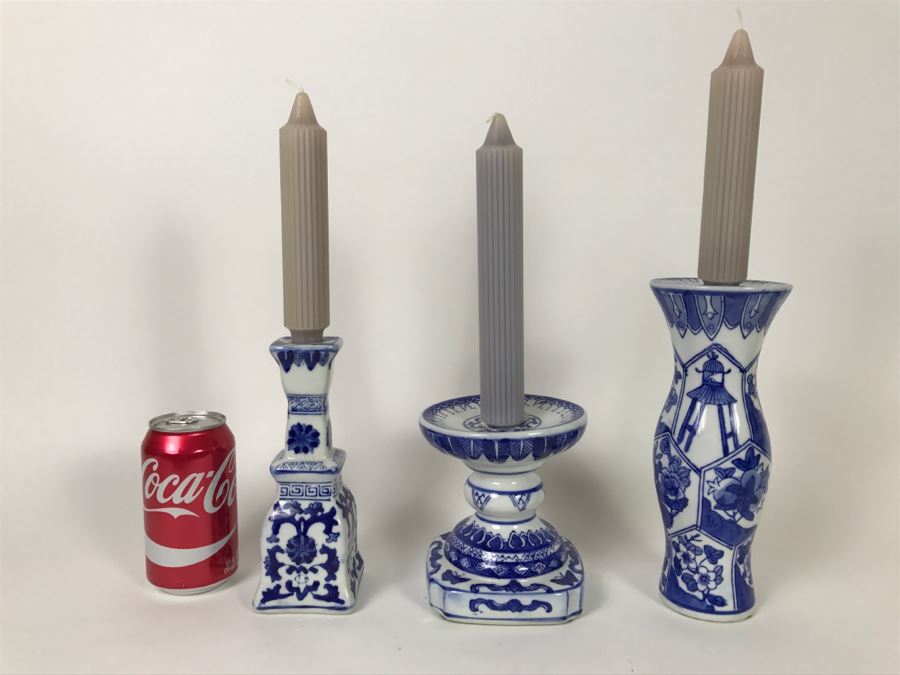 Set Of (3) Blue And White Candlesticks [Photo 1]
