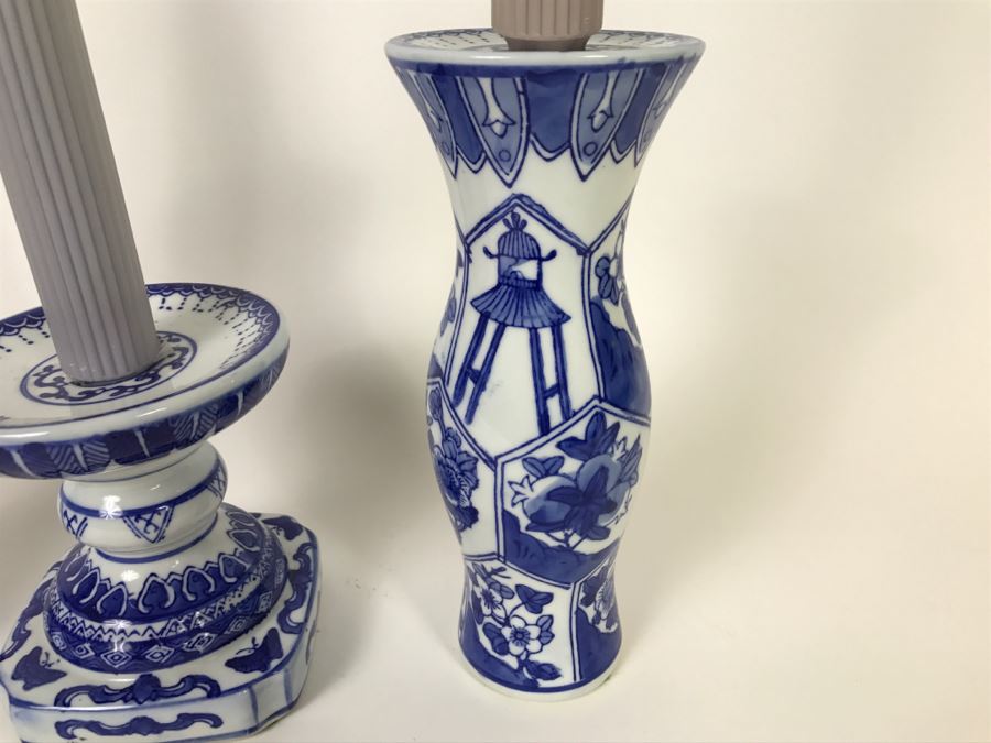 Set Of (3) Blue And White Candlesticks [Photo 5]