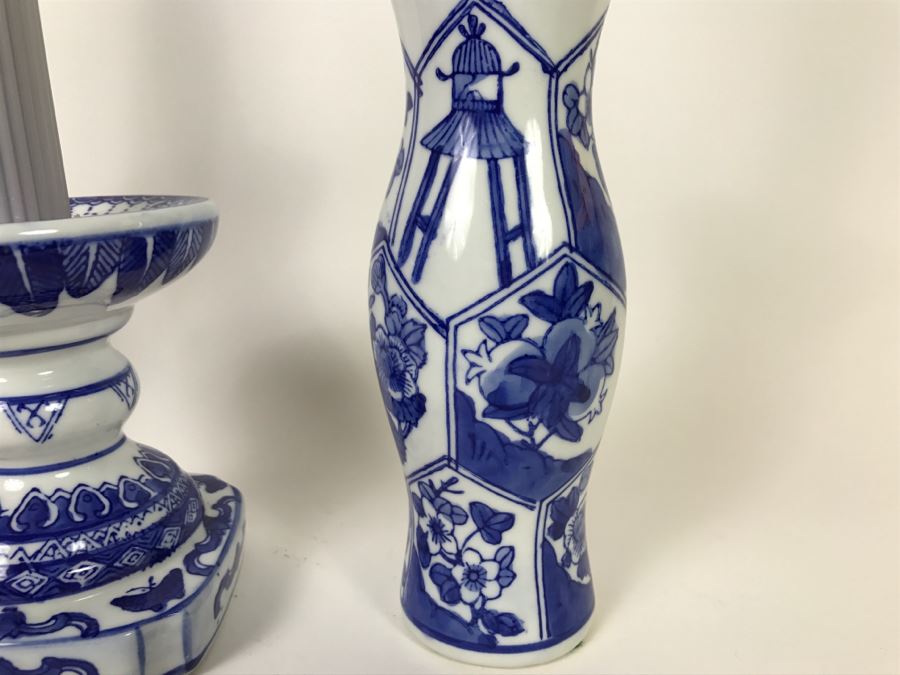 Set Of (3) Blue And White Candlesticks [Photo 6]
