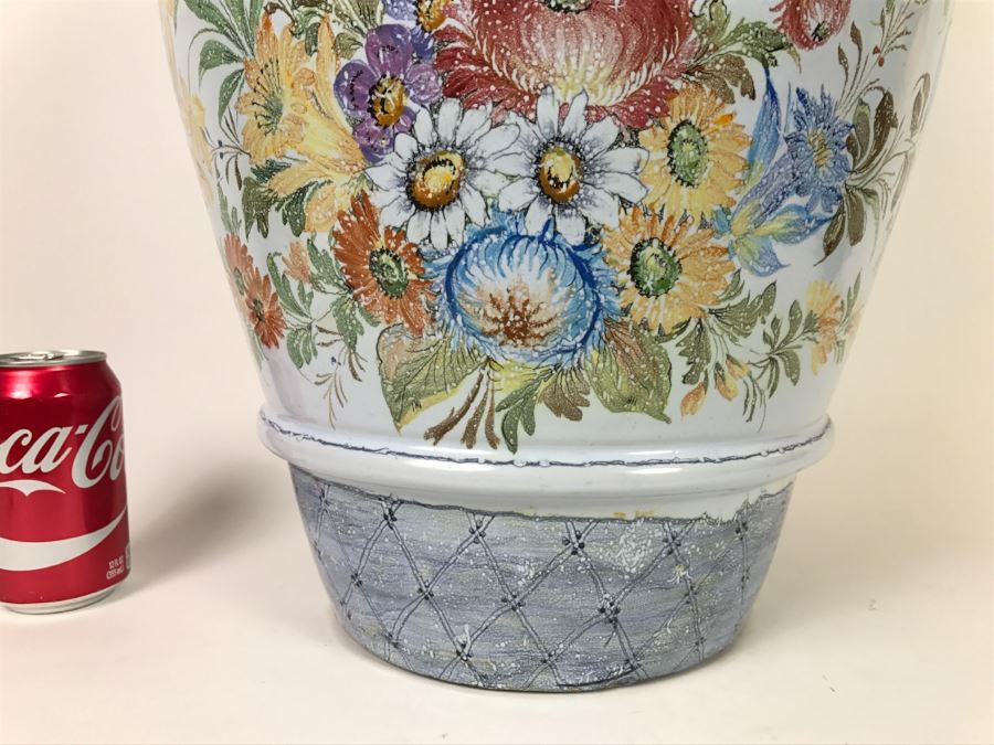 Large Light Blue Glazed Stoneware Pot With Floral Motif [Photo 4]
