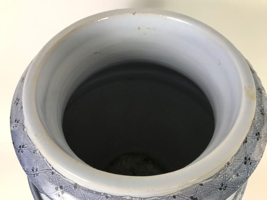 Large Light Blue Glazed Stoneware Pot With Floral Motif [Photo 6]