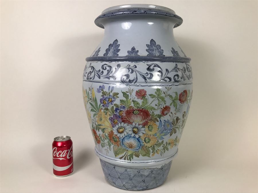 Large Light Blue Glazed Stoneware Pot With Floral Motif
