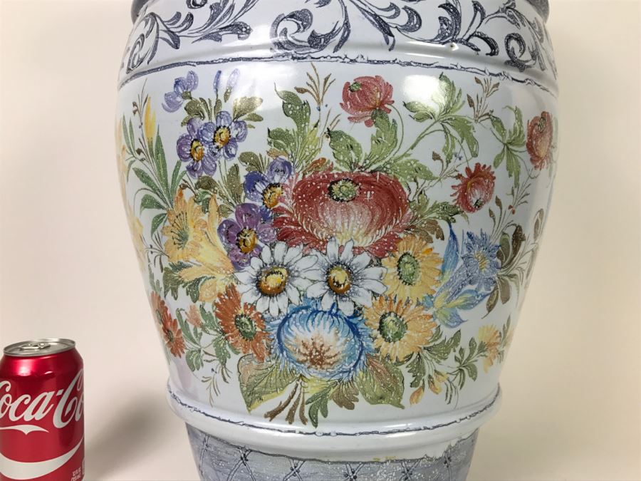 Large Light Blue Glazed Stoneware Pot With Floral Motif [Photo 3]