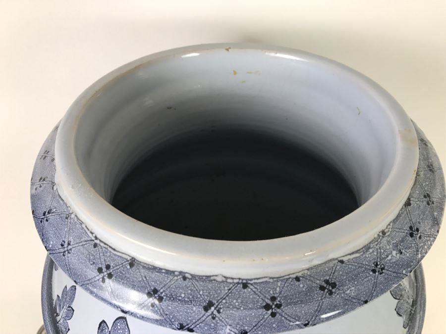 Large Light Blue Glazed Stoneware Pot With Floral Motif [Photo 5]