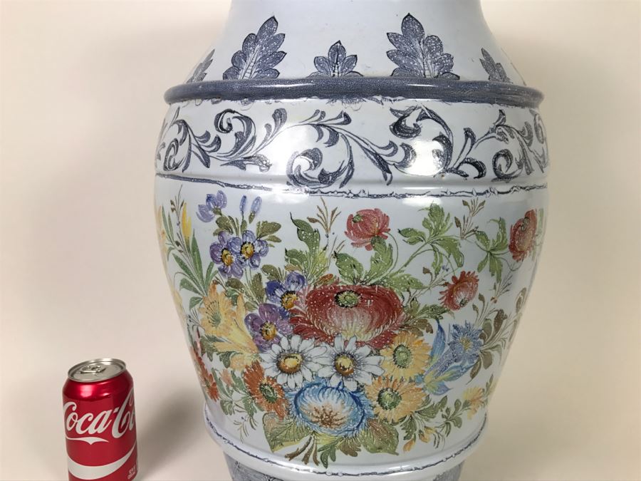 Large Light Blue Glazed Stoneware Pot With Floral Motif [Photo 2]