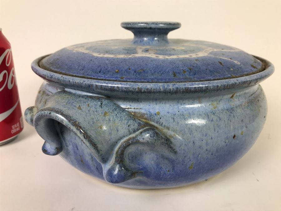 Stunning Blue Glazed Stoneware Pot With Lid Signed Underneath [Photo 5]