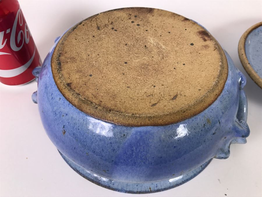 Stunning Blue Glazed Stoneware Pot With Lid Signed Underneath [Photo 7]