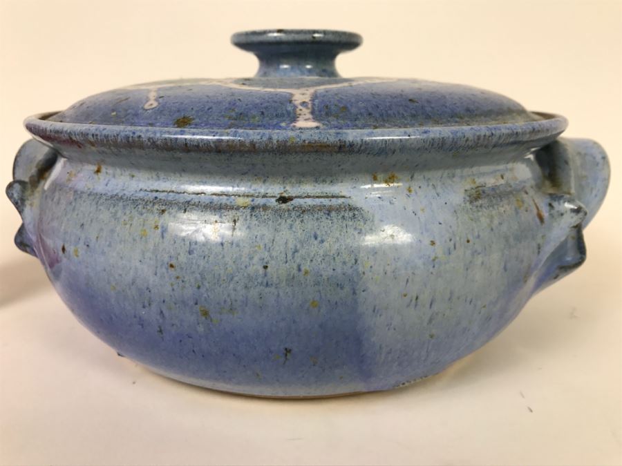 Stunning Blue Glazed Stoneware Pot With Lid Signed Underneath [Photo 4]