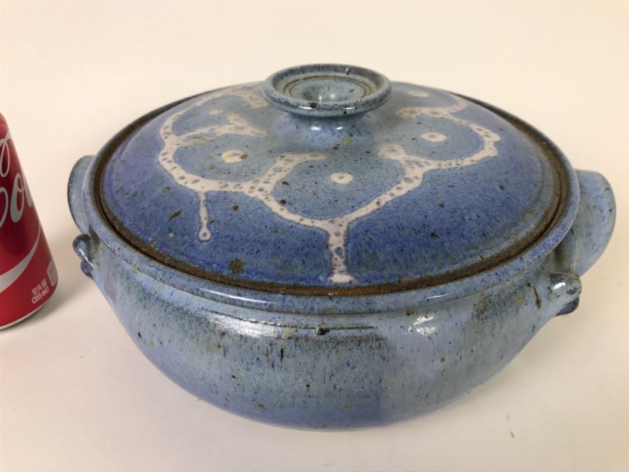 Stunning Blue Glazed Stoneware Pot With Lid Signed Underneath