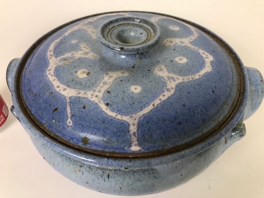 Stunning Blue Glazed Stoneware Pot With Lid Signed Underneath [Photo 2]