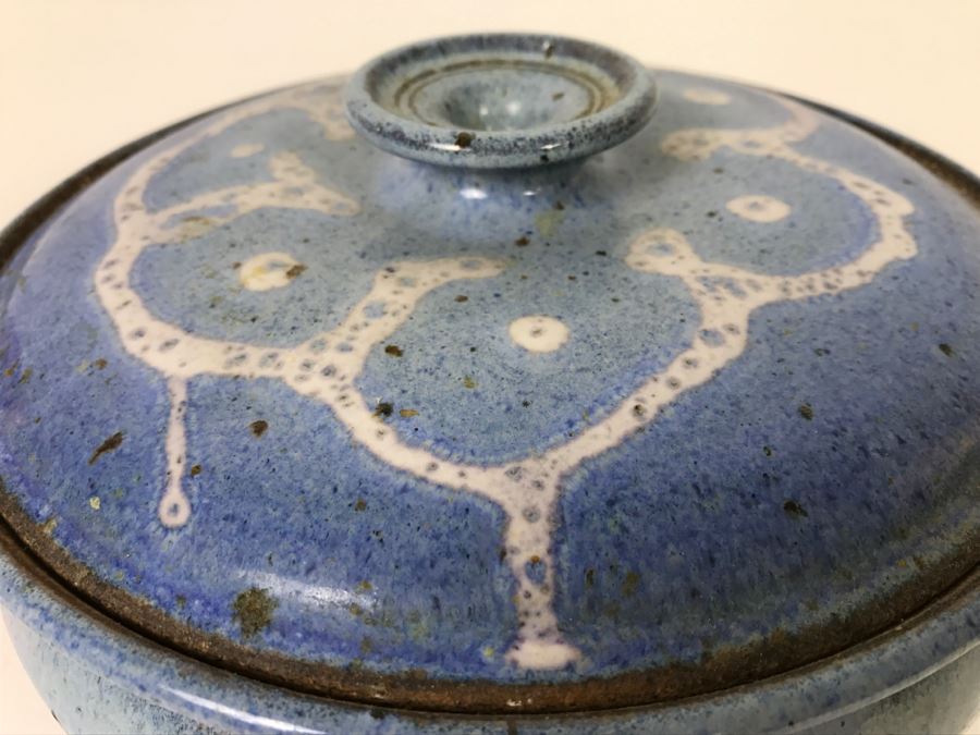 Stunning Blue Glazed Stoneware Pot With Lid Signed Underneath [Photo 3]