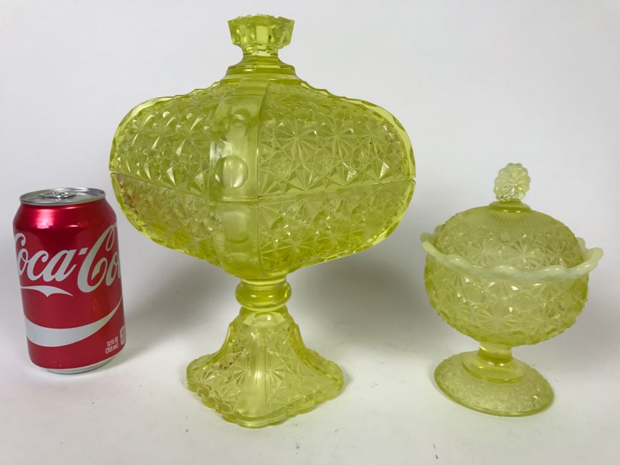 Pair Of Light Green Vasoline Glass? Covered Dishes [Photo 1]