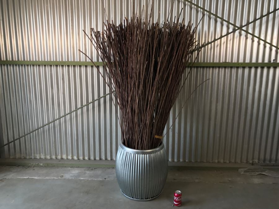 Industrial Metal Corrugated Vase Basket With Bundles Of Straight Branches