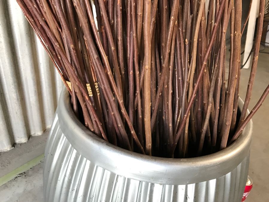 Industrial Metal Corrugated Vase Basket With Bundles Of Straight Branches [Photo 7]