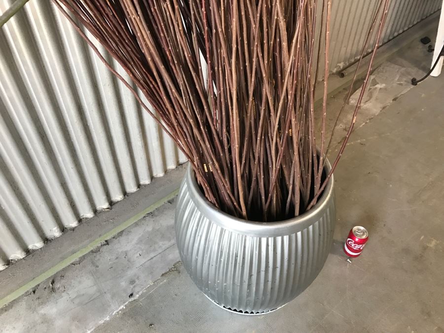 Industrial Metal Corrugated Vase Basket With Bundles Of Straight Branches [Photo 8]