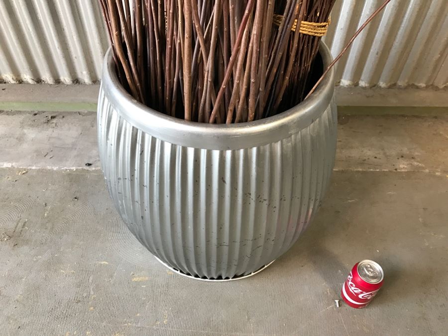 Industrial Metal Corrugated Vase Basket With Bundles Of Straight Branches [Photo 3]