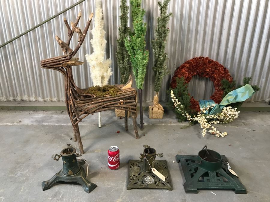Christmas Decoration Lot With (3) Vintage Metal Christmas Tree Stands
