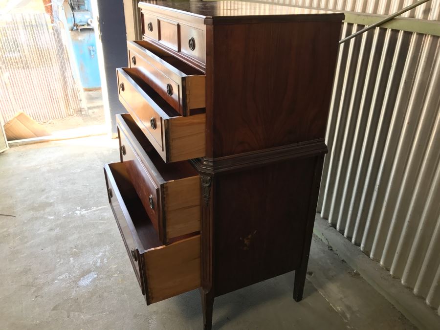 Antique Wooden Chest Of Drawers Highboy Dresser With Beatiful Floral Motif Inlay Work 5-Drawers [Photo 10]