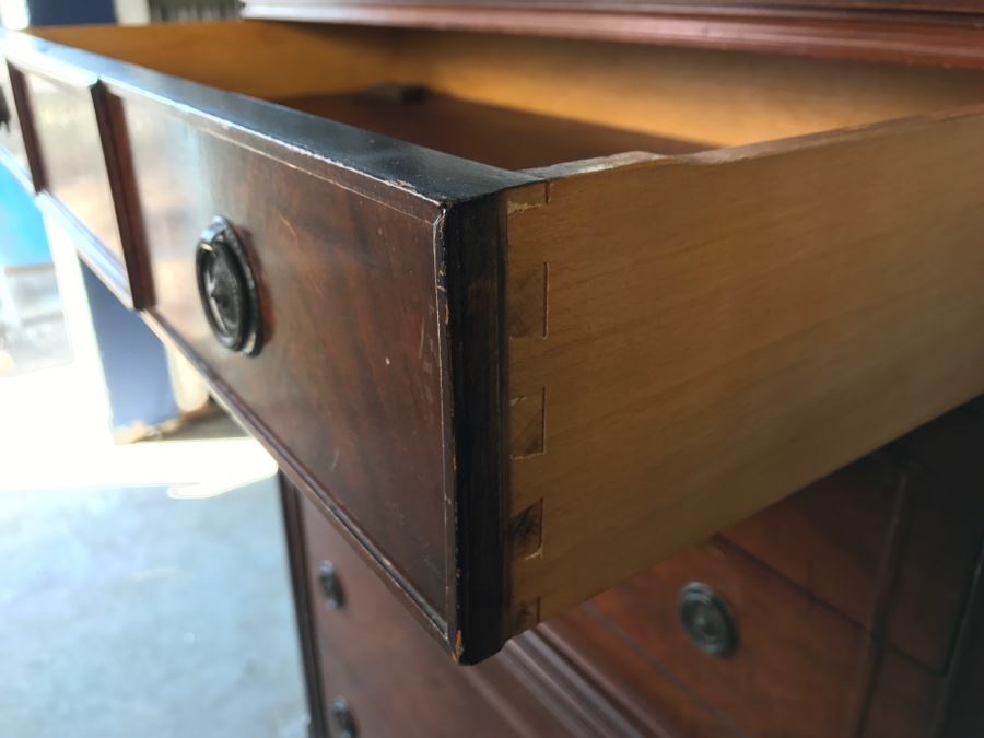 Antique Wooden Chest Of Drawers Highboy Dresser With Beatiful Floral Motif Inlay Work 5-Drawers [Photo 8]