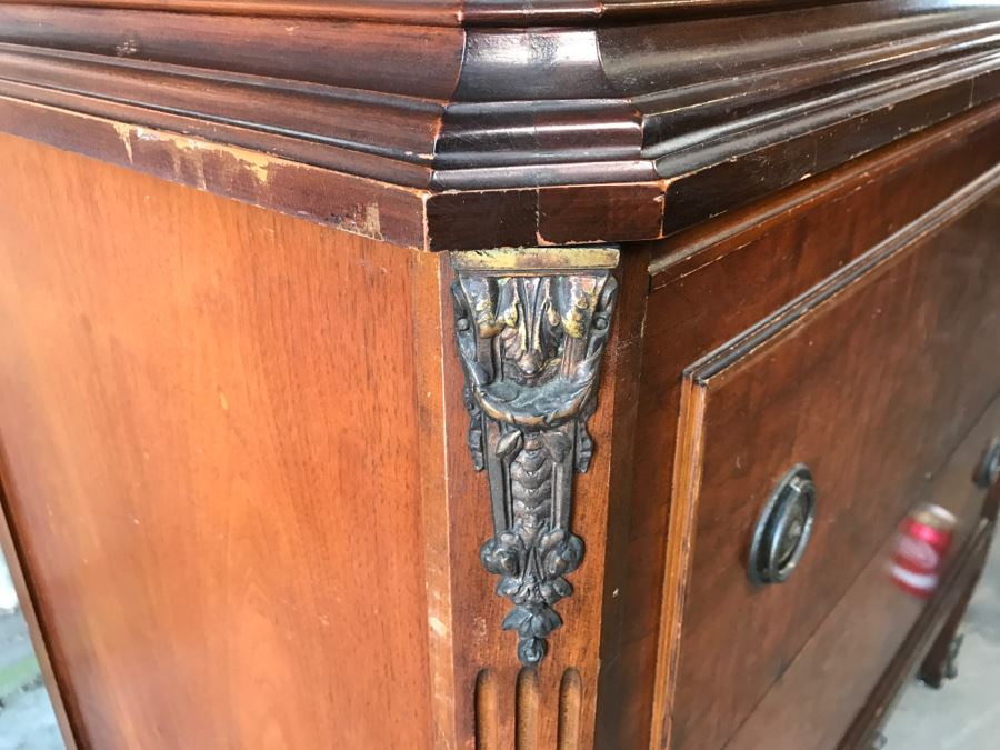 Antique Wooden Chest Of Drawers Highboy Dresser With Beatiful Floral Motif Inlay Work 5-Drawers [Photo 13]