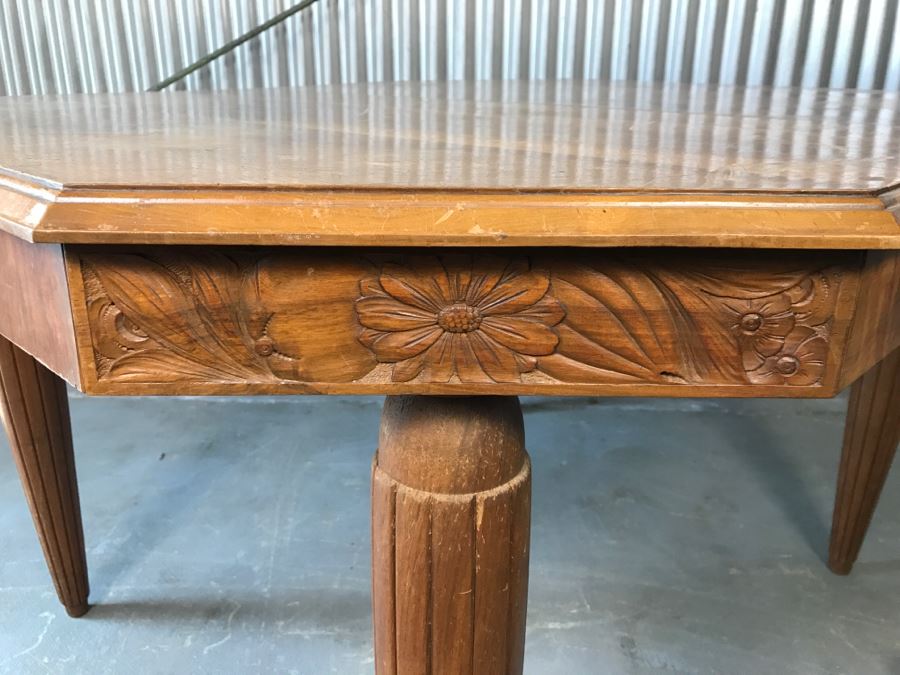 Stunning Pine And Walnut Dining Table With One Leaf And Floral Motif Carvings On The Corners And Tapered Legs Stamped VALLA LYON [Photo 6]