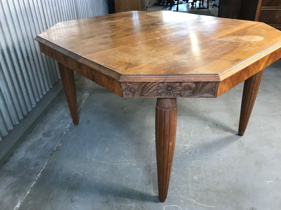 Stunning Pine And Walnut Dining Table With One Leaf And Floral Motif Carvings On The Corners And Tapered Legs Stamped VALLA LYON