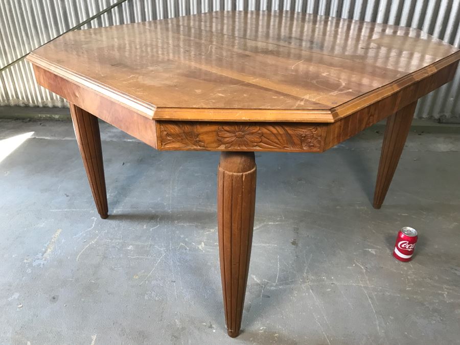 Stunning Pine And Walnut Dining Table With One Leaf And Floral Motif Carvings On The Corners And Tapered Legs Stamped VALLA LYON [Photo 2]