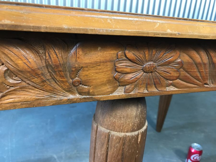 Stunning Pine And Walnut Dining Table With One Leaf And Floral Motif Carvings On The Corners And Tapered Legs Stamped VALLA LYON [Photo 7]
