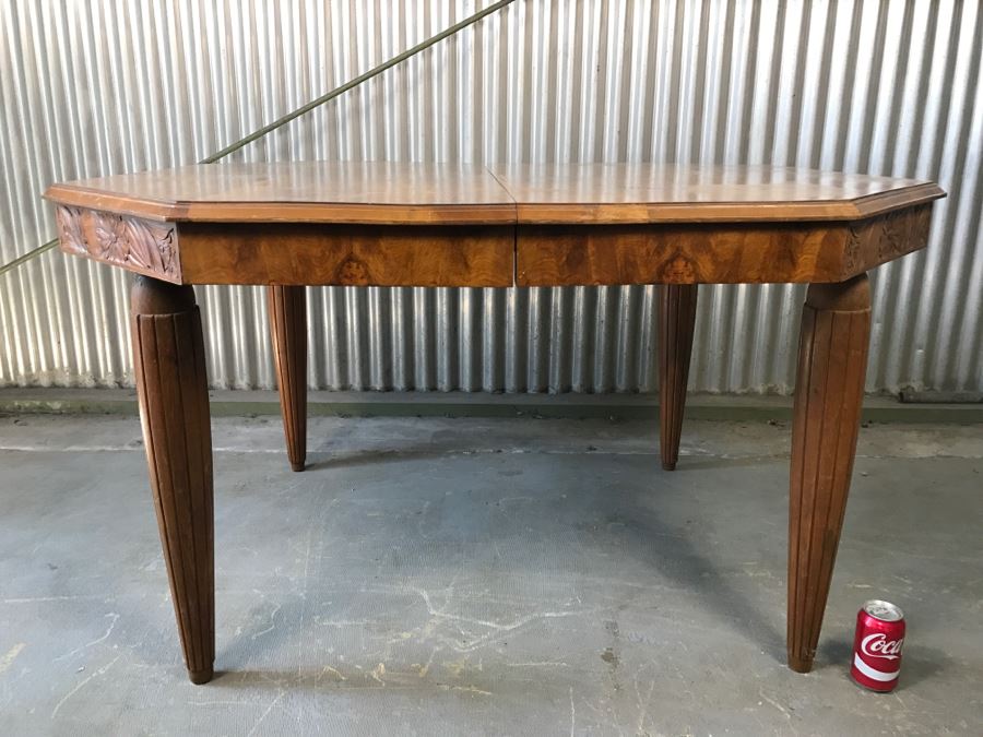 Stunning Pine And Walnut Dining Table With One Leaf And Floral Motif Carvings On The Corners And Tapered Legs Stamped VALLA LYON [Photo 3]