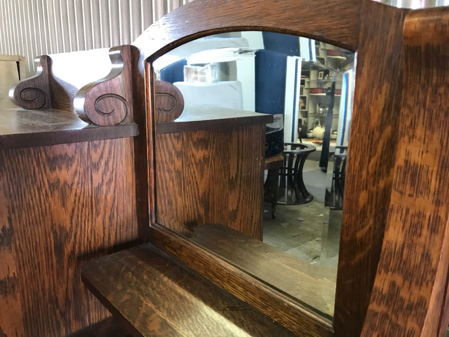 Antique Tiger Oak Secretary Cabinet With Beveled Glass Mirror [Photo 5]