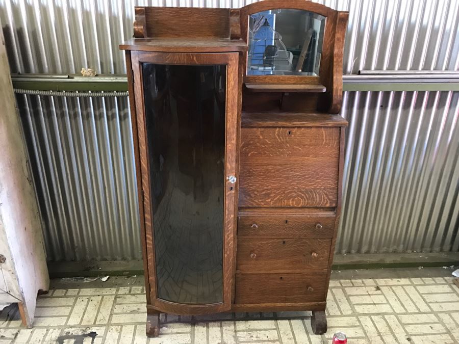 Antique Tiger Oak Secretary Cabinet With Beveled Glass Mirror [Photo 2]