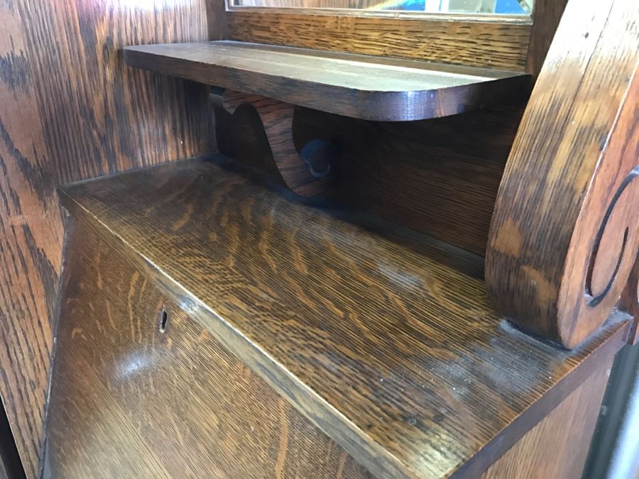 Antique Tiger Oak Secretary Cabinet With Beveled Glass Mirror [Photo 6]