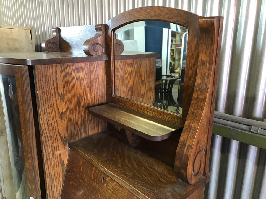Antique Tiger Oak Secretary Cabinet With Beveled Glass Mirror [Photo 4]