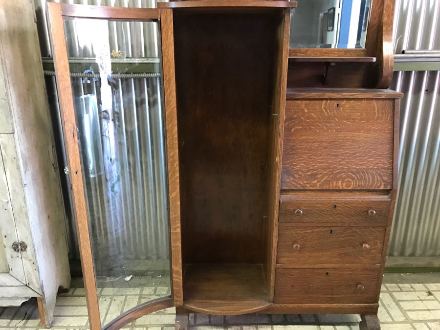 Antique Tiger Oak Secretary Cabinet With Beveled Glass Mirror [Photo 8]