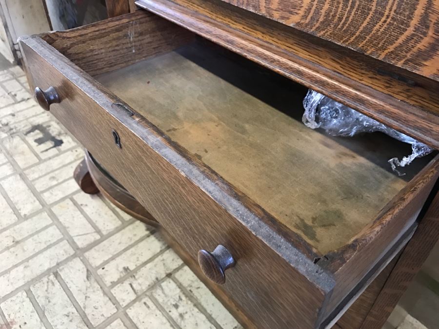 Antique Tiger Oak Secretary Cabinet With Beveled Glass Mirror [Photo 10]