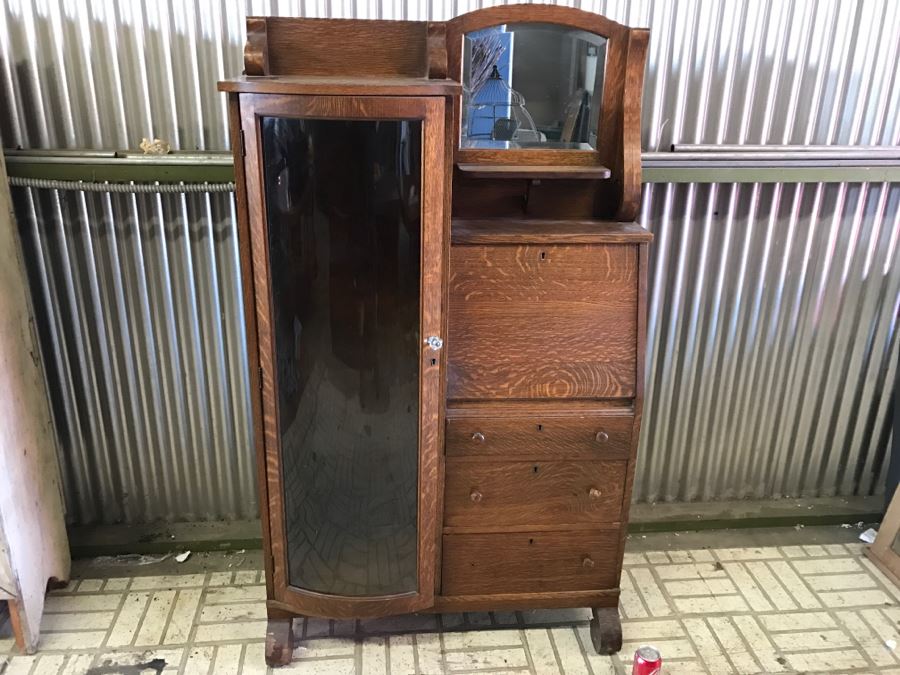 Antique Tiger Oak Secretary Cabinet With Beveled Glass Mirror