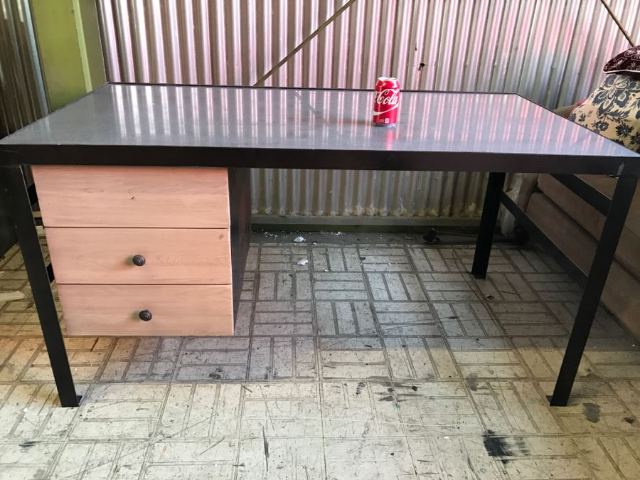 Nice Floating Desk With Metal Frame Granite Top And Wooden Drawers