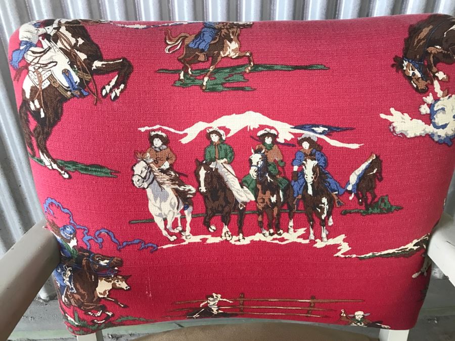Retro Wooden Armchair Upholstered With Cowboy Motif Fabric [Photo 3]