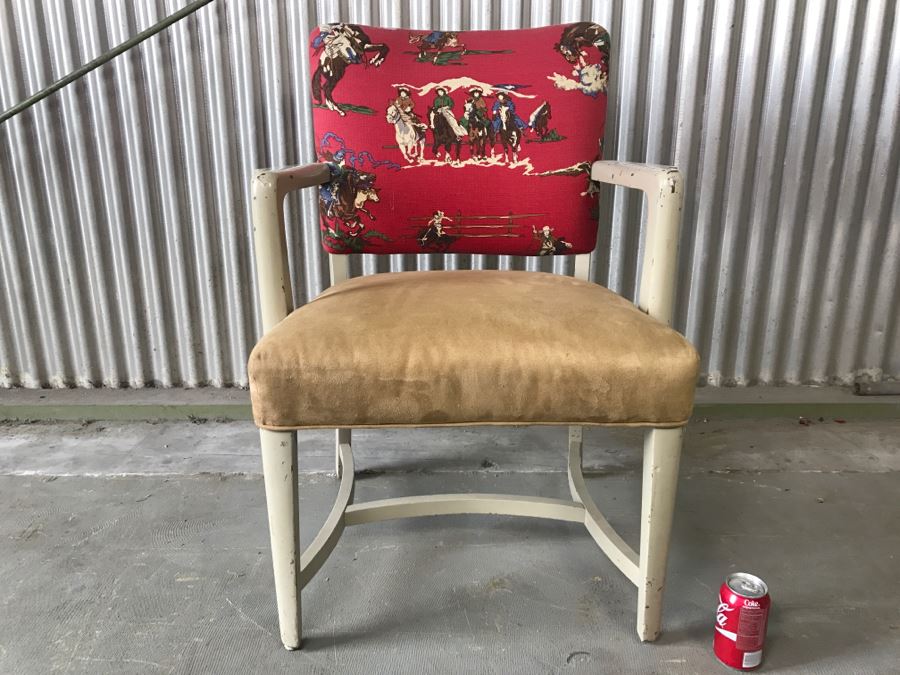 Retro Wooden Armchair Upholstered With Cowboy Motif Fabric [Photo 1]
