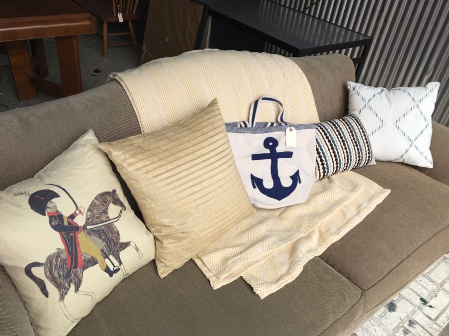 (4) Designer Throw Pillows With Nautical Motif Tote Bag And Herringbone Blanket